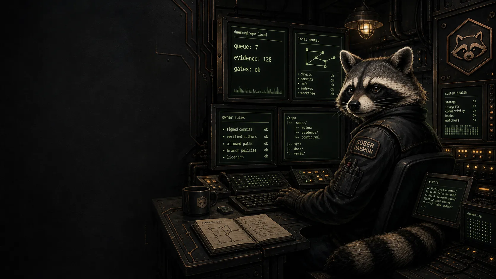 Sober Raccoon daemon operating a dark repository control room with local routes, evidence, gates, and owner rules on terminal screens.